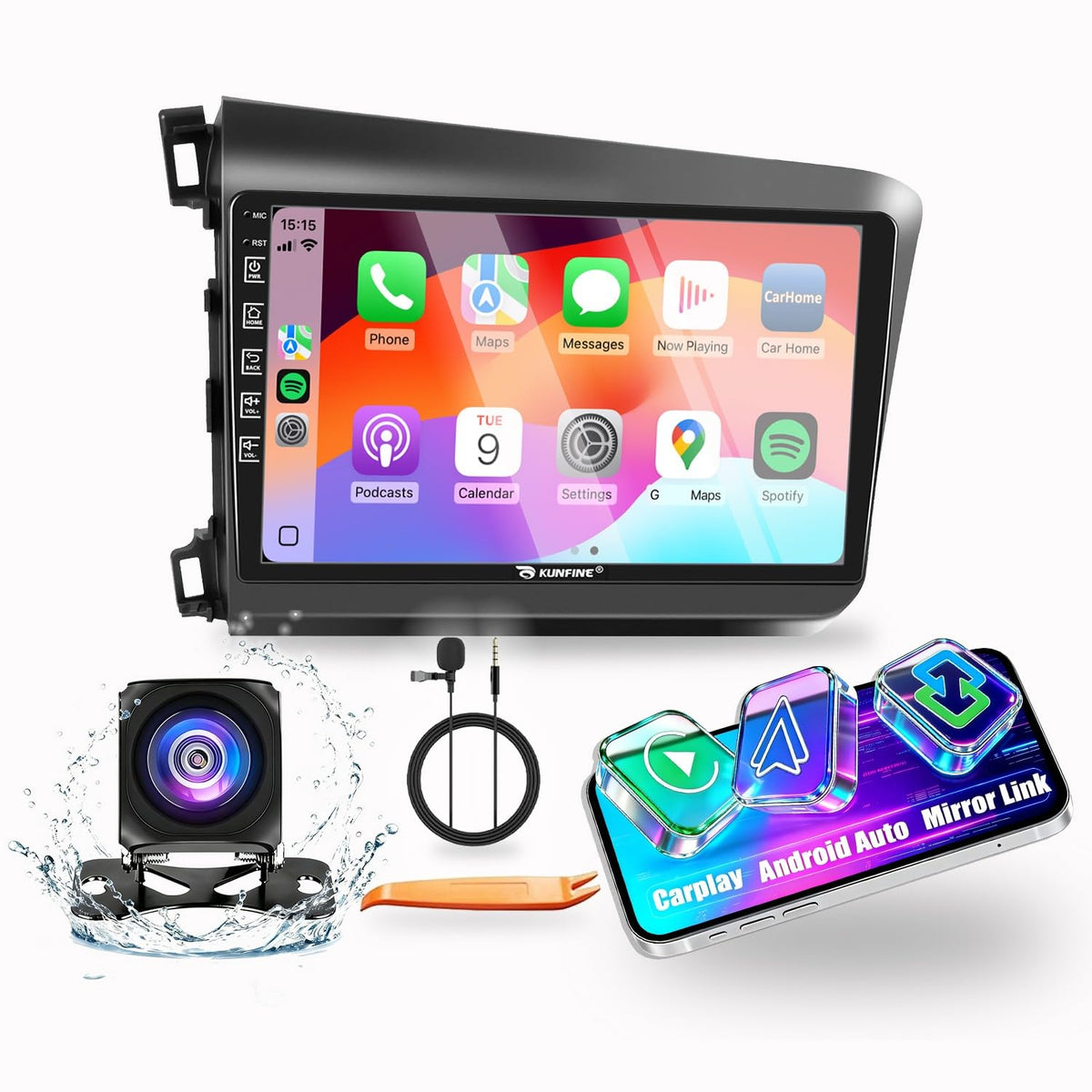 for Honda Civic 2012-2015 LHD Car CarPlay Android Auto Navigation Stereo GPS Radio Reverse Camera Display 9" IPS Touchscreen Headunit Tablet Pad Media Player, if Applicable Quad Core 4G+64G