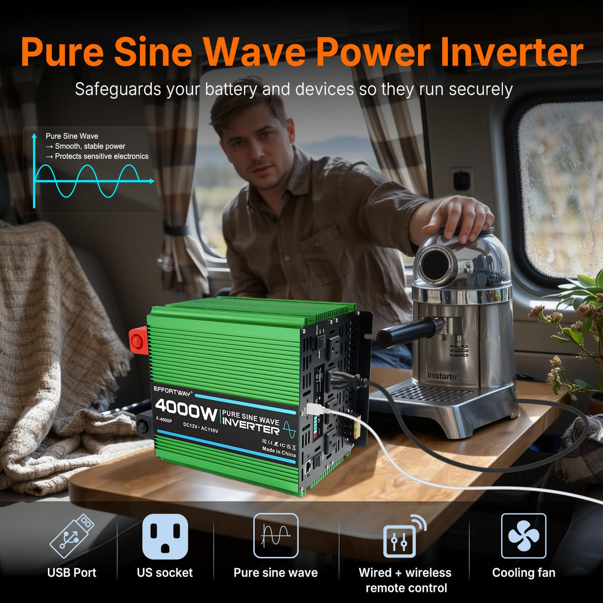 4000W Pure Sine Wave Power Inverter, 12V DC to 110V/120V Inverter with 4 AC Outlets, USB Port, Hardwire Port, Remote Controller, Car Converter for RV, Truck, Boat, Camping, Off-Grid
