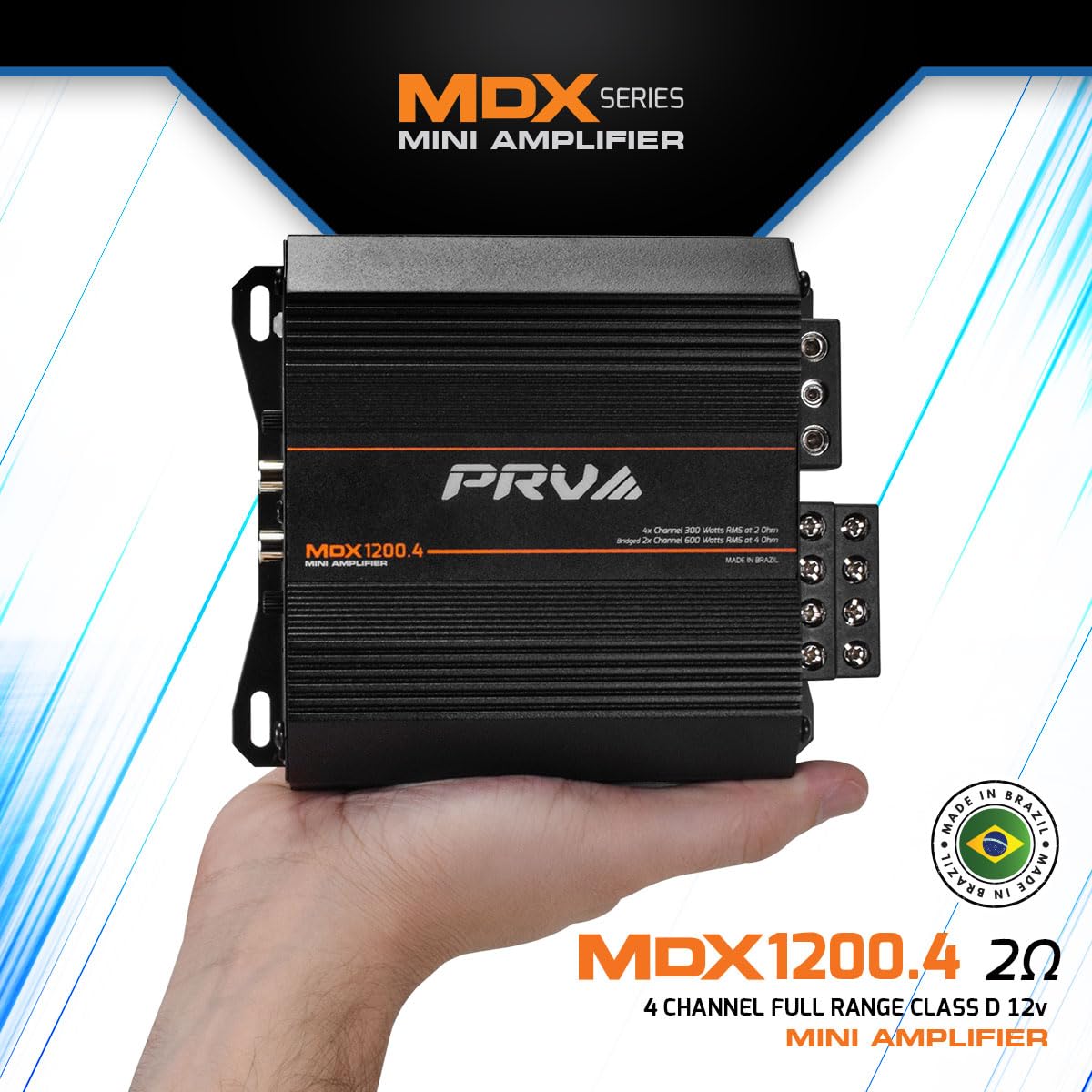 PRV Audio MDX1200.4 2 Ohm Mini 4 Channel Car Audio Amplifier 4 x 300 Watts RMS at 2 Ohm - 1200 Watt 12 Volts Bridgeable Amp for Powersports, Motorcycles, ATV, for High Power Stereo Speaker Systems