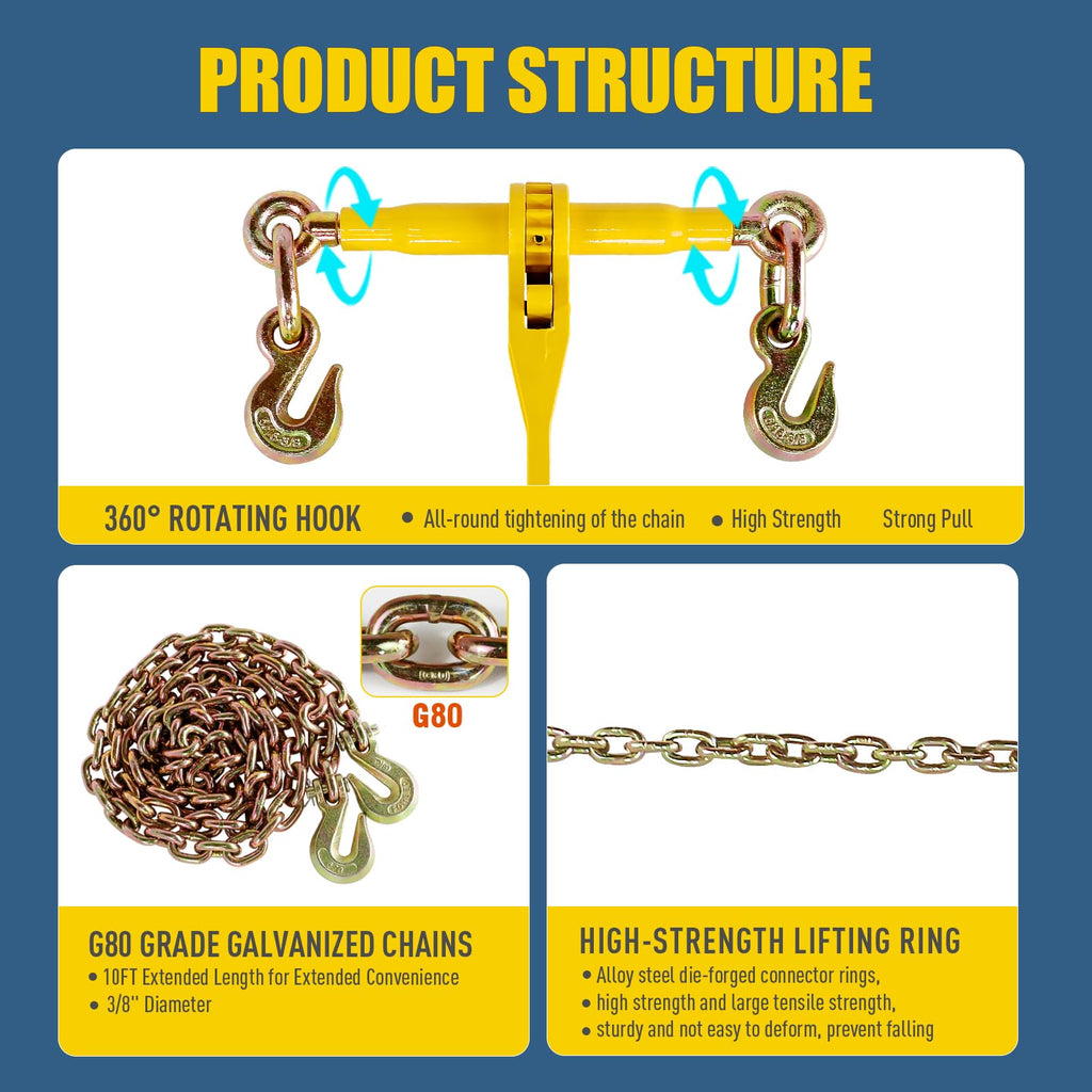 Ratchet Chain Binder Kit 3/8''-1/2" and 3/8"×10ft Chains,9200lbs Capacity