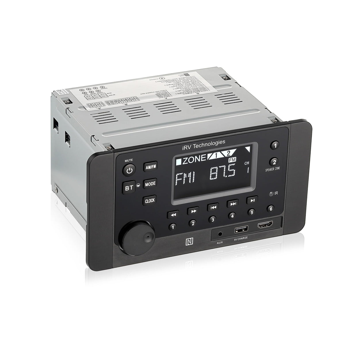 iRVHP2 Mechless Wallmount RV Stereo 2 Zones with Bluetooth HDMI ARC, App Control, AM/FM/App, NFC, USB Charging, Digital Surround Sound, Clock, CEC Support (2 Zones + 4 Speakers)