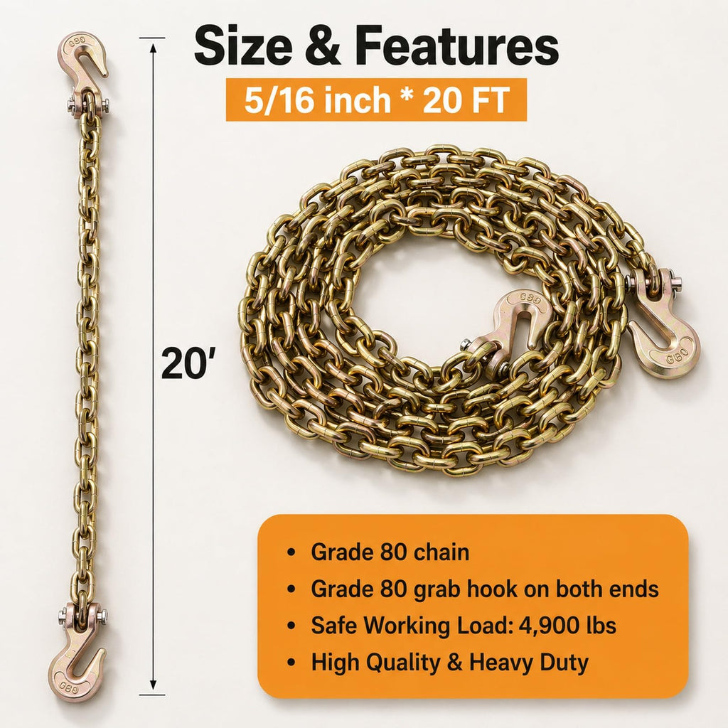 5/16"- 3/8" Ratchet Load Binder with Chain 20ft 4Pack 5/16" Tie Down Kit