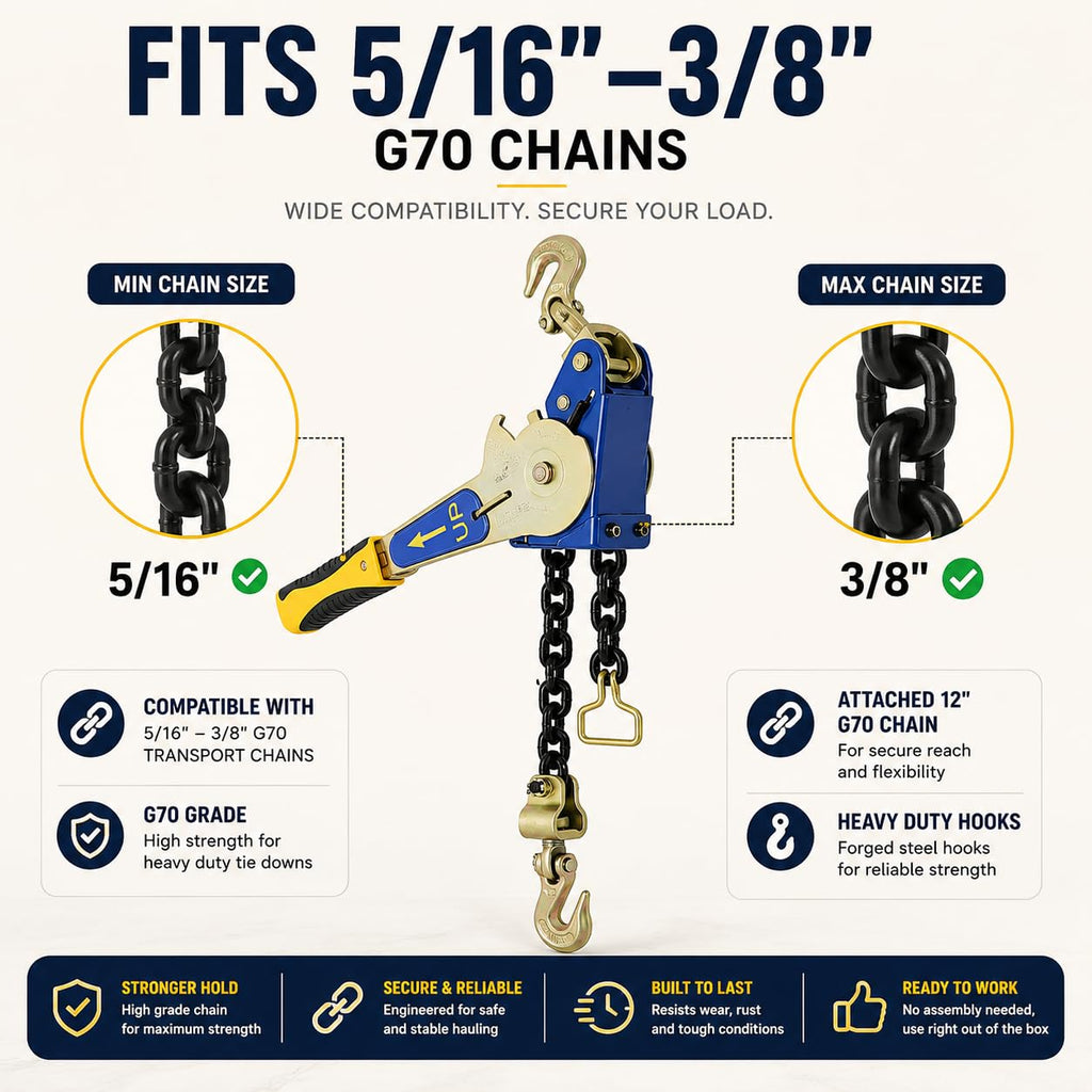 2 Pack 5/16"-3/8" Easy Ratchet Chain Binder with Grab Hooks & 5400 lbs WLL - Heavy Duty Tie Down Chain Ratchet Binder Load Binder for Flatbed Trailers Truck, Cargo Tie Down