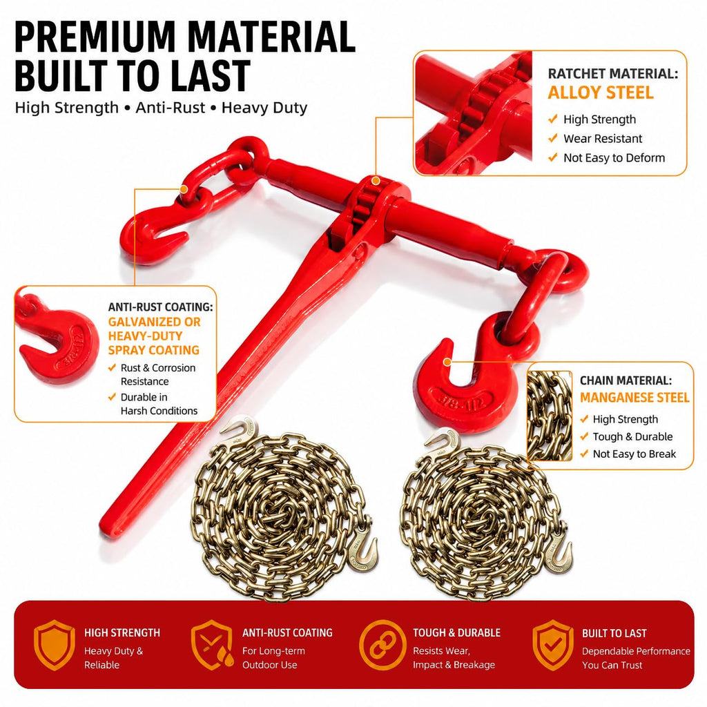 Ratchet Chain and Binder Kit 3/8" x 14FT, G80 Transport Chains and Binders for Trailer, Heavy Duty Load Binder with Grab Hooks for Flatbed Truck Trailer Cargo Securement, 8819 lbs WLL