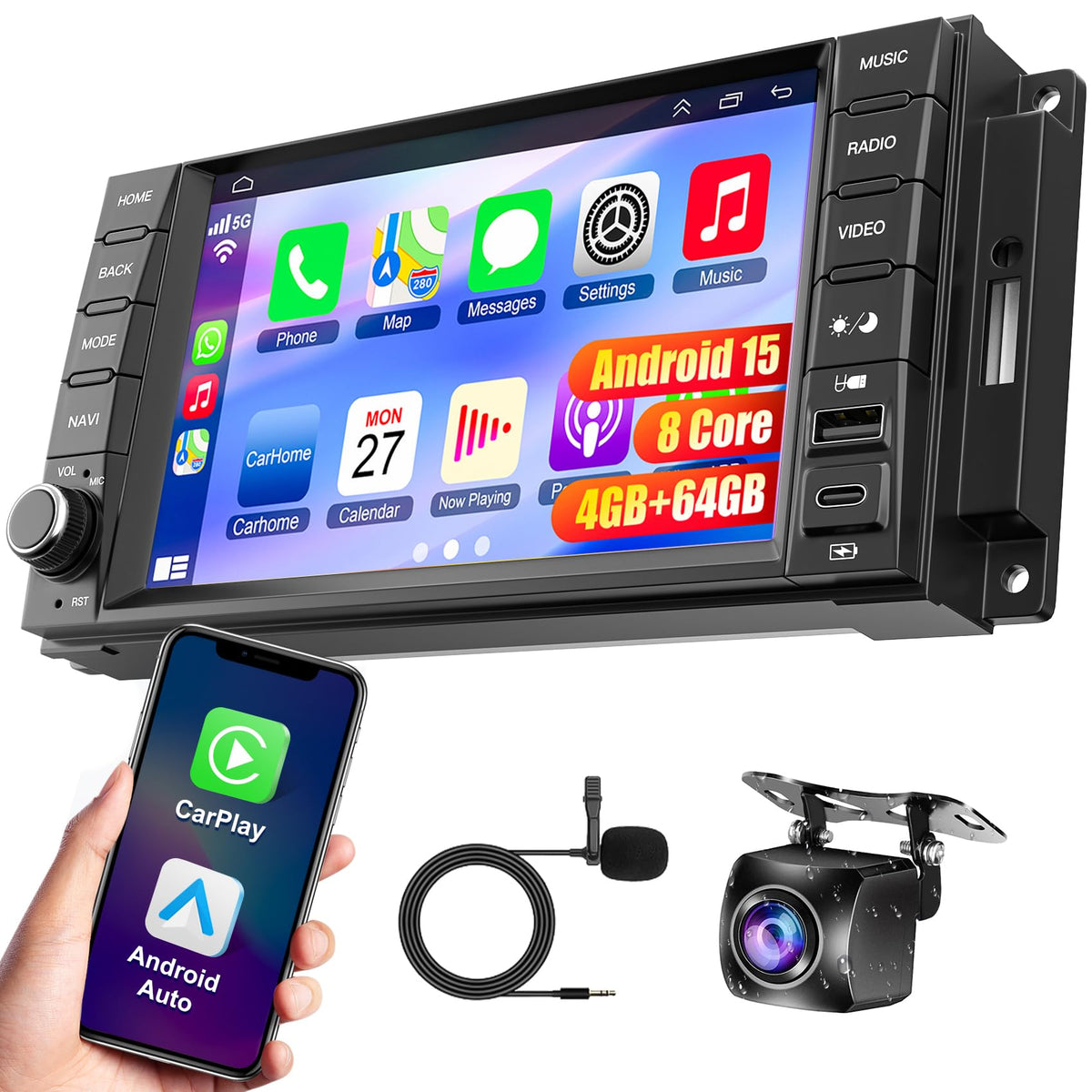 Car Radio Stereo for Jeep Wrangler JK 2007-2018,for Dodge Grand Caravan 2008-2020, for Chrysler Town & Country 2008-2016, Android 15.0 (4G RAM 64G ROM) with Wireless Carplay& Android Auto