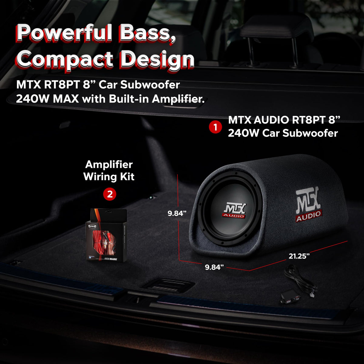 MTX RT8PT 8" Amplified Vented Tube Box Subwoofer & Wiring Kit