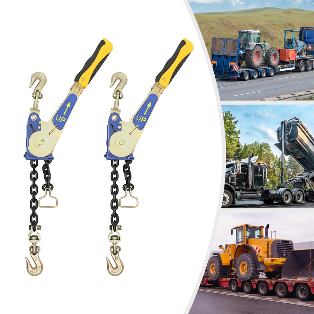 2 Pack 5/16"-3/8" Easy Ratchet Chain Binder with Grab Hooks & 5400 lbs WLL - Heavy Duty Tie Down Ratchet Load Binder for Flatbed Trailers & Trucks, Tractors, Transportation, Industry, Yellow