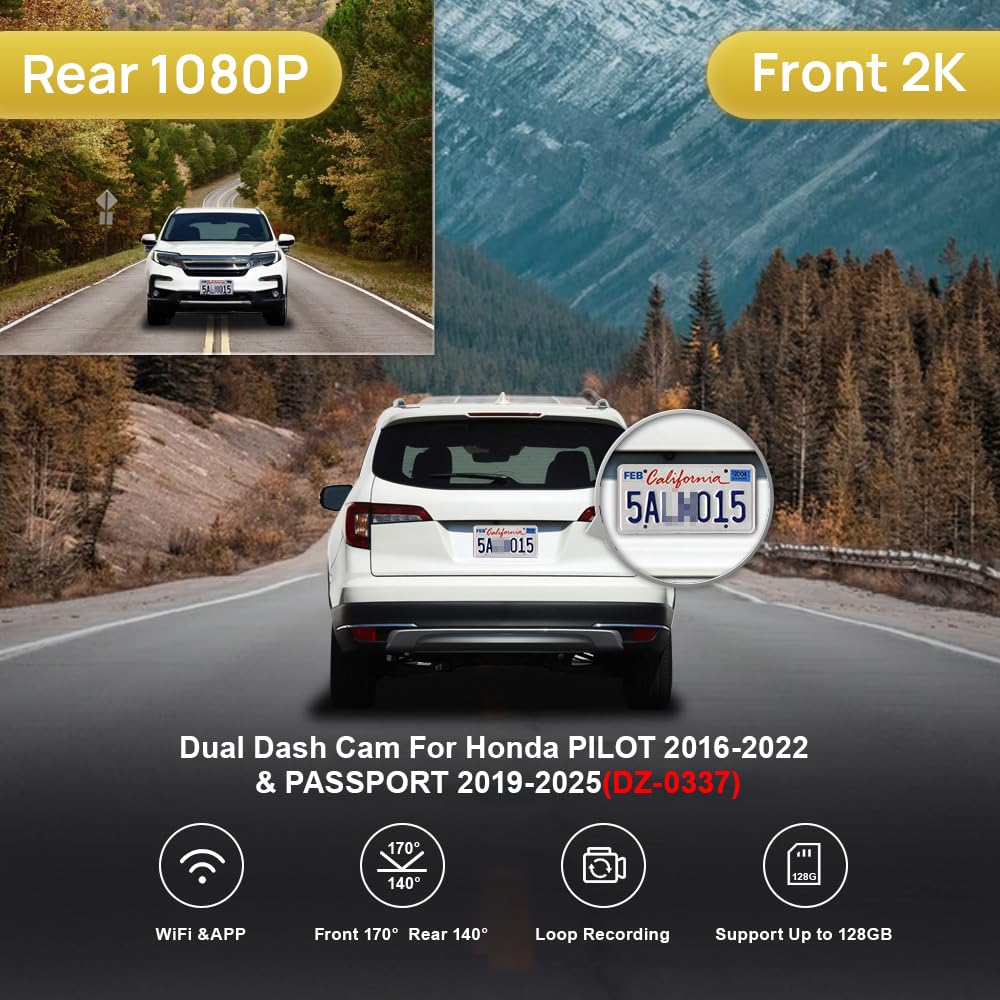 Fitcamx 2K Dual Dash Cam for 2016-2022 Honda Pilot & Passport 2019-2025 Touring EX LX Elite Sport EXL (DZ-0337), OEM Look, Front 1440P+Rear 1080P Video, WiFi APP, Loop Recording G-Sensor, 64GB Card