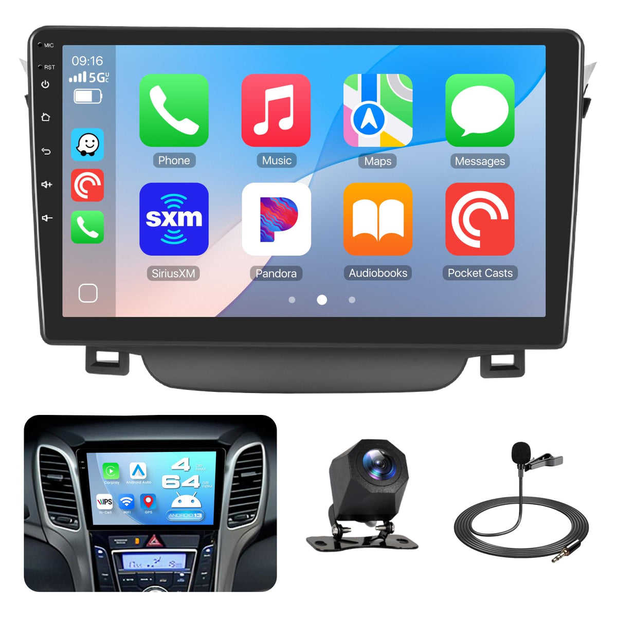 4GB+64GB Android 15 Car Stereo for Hyundai Elantra GT 2013-2017, 9-Inch 1280x720 in-Cell Touchscreen with Wireless CarPlay Android Auto, FM/RDS Bluetooth WiFi, Retains Factory Controls
