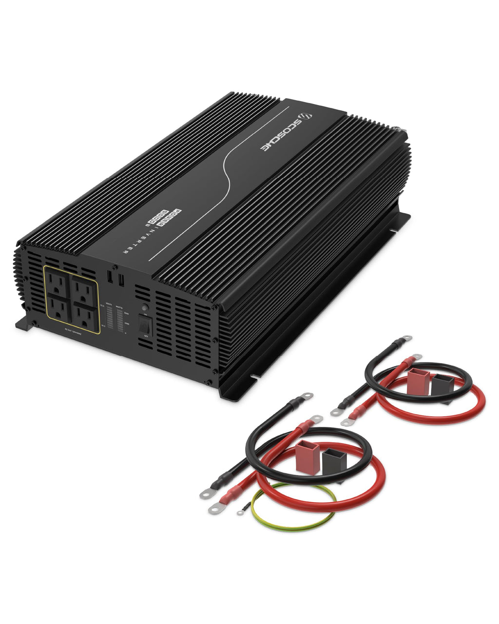 Scosche 5000W Modified Sine Wave Inverter 12V DC to 120V AC Converter, 10000W Peak, 4 AC Outlets, Dual USB-A Ports, LED Indicator, Heavy Duty Power Inverter for Truck, RV, Off-Grid Systems