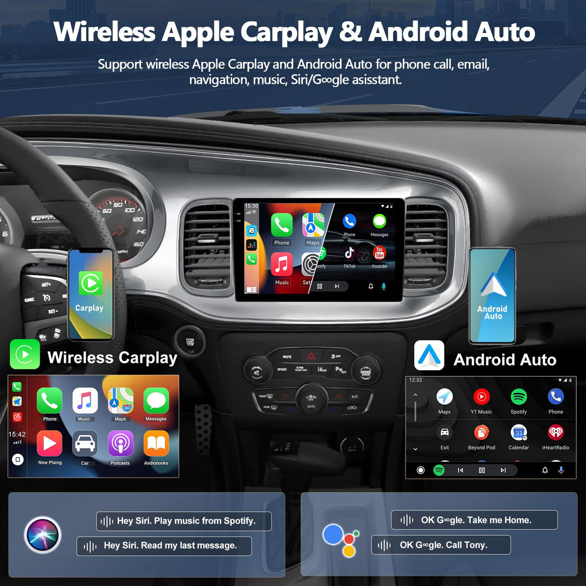 CAMECHO 4+128GB Car Stereo for Dodge Charger Radio 2015-2021 with Android 15 CarPlay Android Auto GPS Navigation Bluetooth, 9" InCell 1280 * 720 Touch Screen Head Unit with Backup Camera
