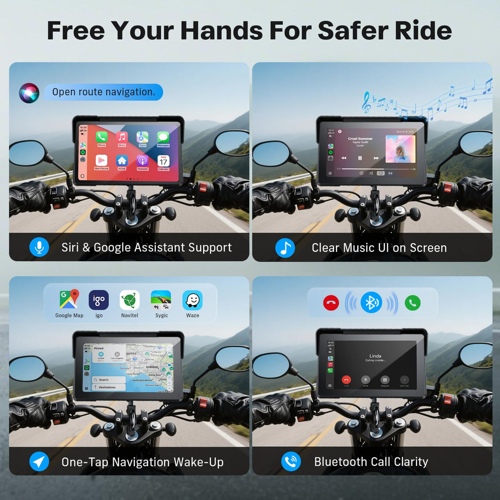 Motorcycle CarPlay Screen with Android Auto – 7” Waterproof GPS, Pantalla para Moto, Apple CarPlay, Navigation System for Motorcycle, Dual 4K Dash Cam Bluetooth Audio, BSD & TPMS