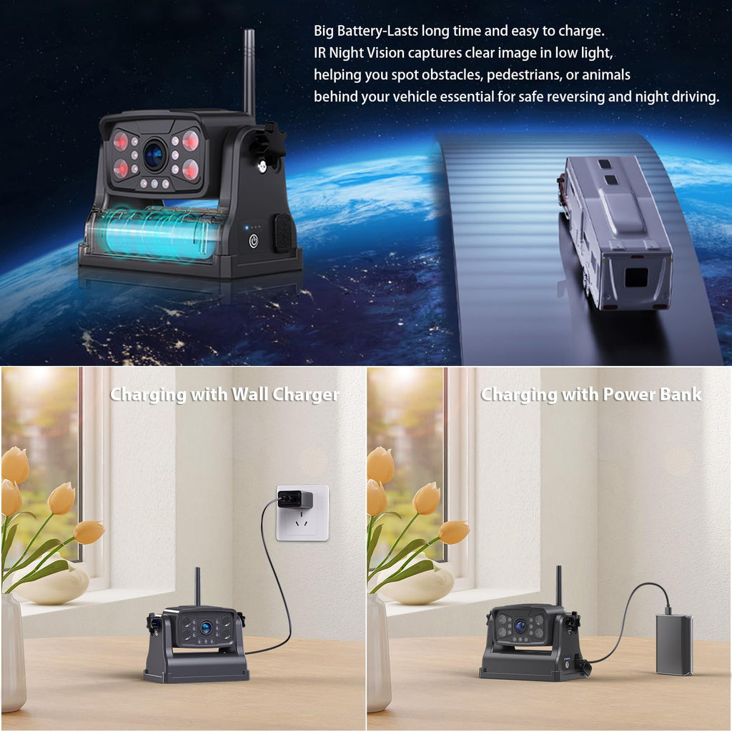 Magnetic Wireless RV Backup Camera System: Rear Camera with 7" HD 1080P DVR Monitor, DVR Monitor & IR Night Vision, Portable Rechargeable Camera for RV/Trailer/Fifth Wheels/Camper