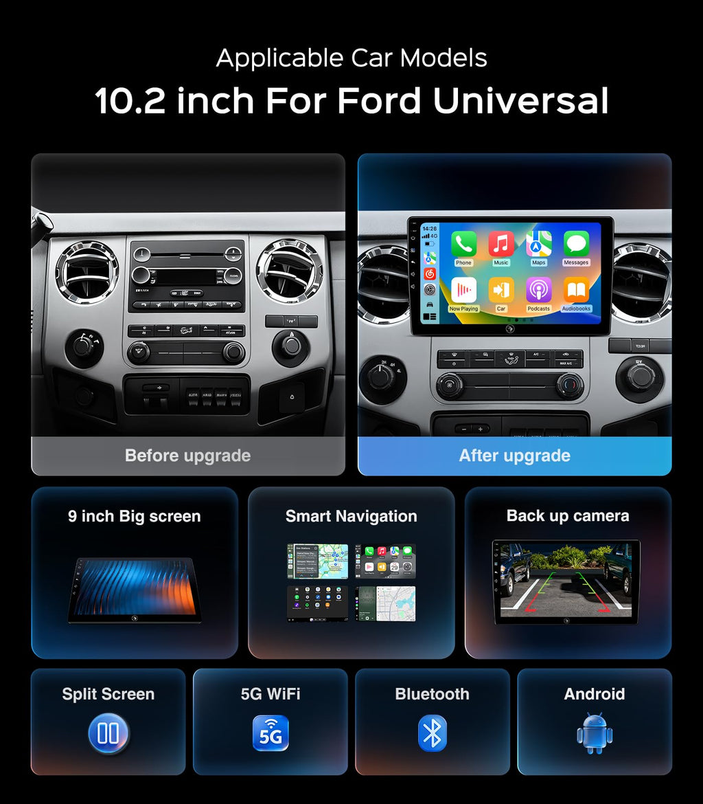 AINAVI 10" Car Radio for Ford F150(2004-2008) F250/F350/450/550(2008-2016) E150/250/350/ECONOLINE Van(2009-2016) Focus/Fusion(2005-2007) WiFi/Wireless CarPlay/Android Auto/HD Touchscreen/GPS/2GB+64GB