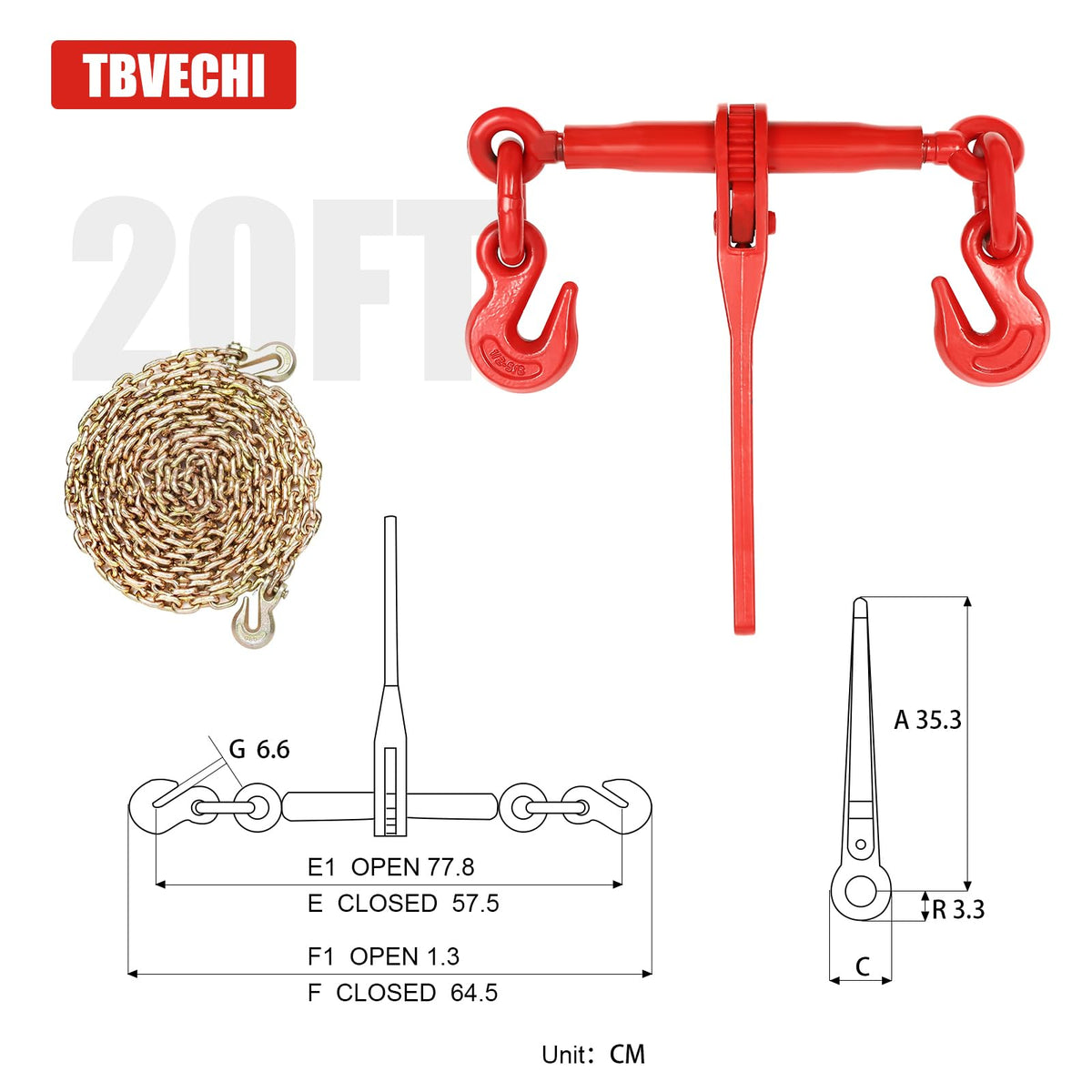 4PCS Chain Binders, Ratchet Chain Binder and Hook Chain Set 5/16-3/8 and 5/16 x 20FT Hook Chain