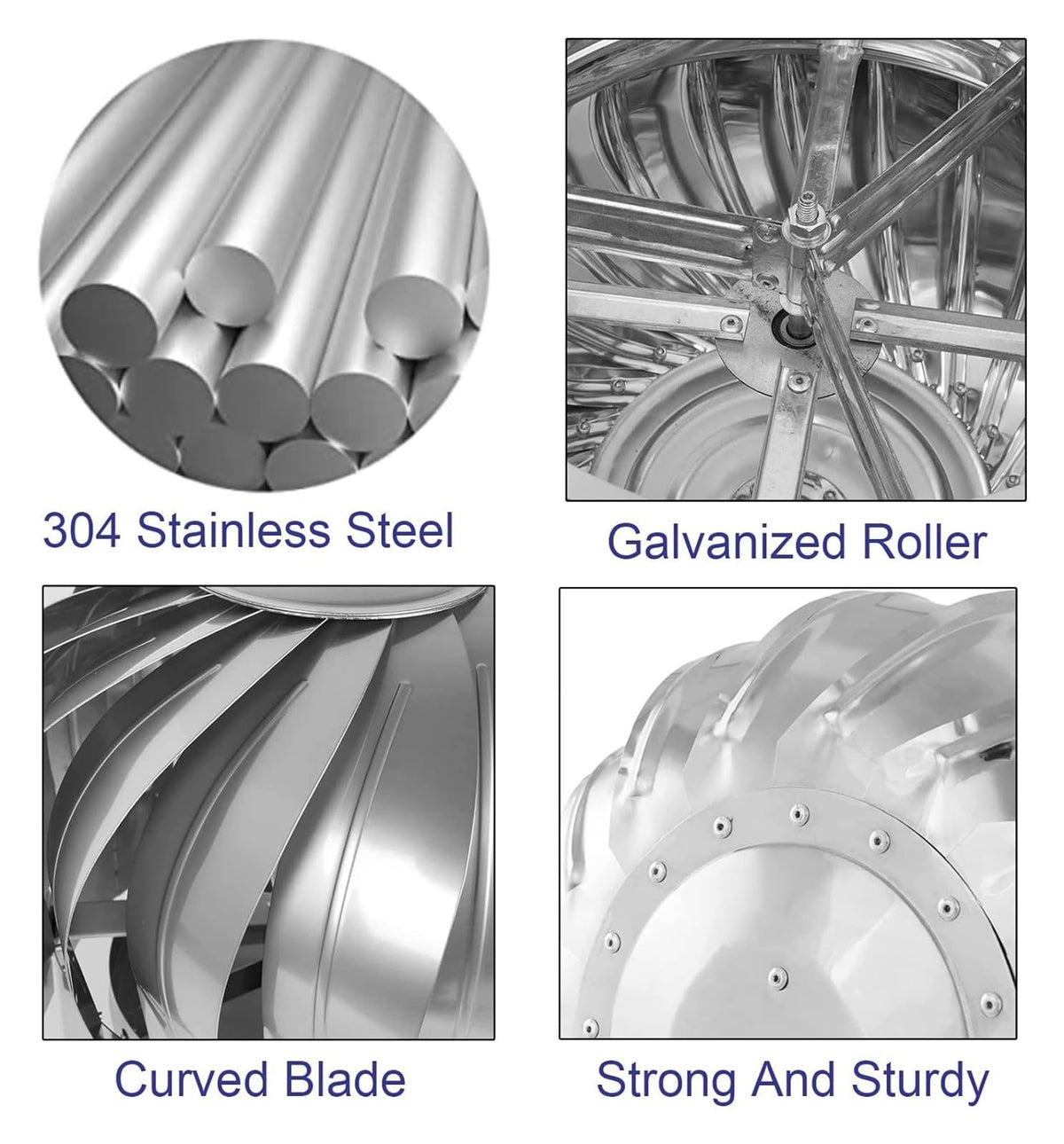 Roof Wind,Stainless Steel Turbine Ntilator NTS 8 10 12Inch No Rust Automatic Silent Pipefit Roof Ntilating Fan, All Purpose Chimney Cowl Rotating Roof NTS Energy-Efficient，300mm
