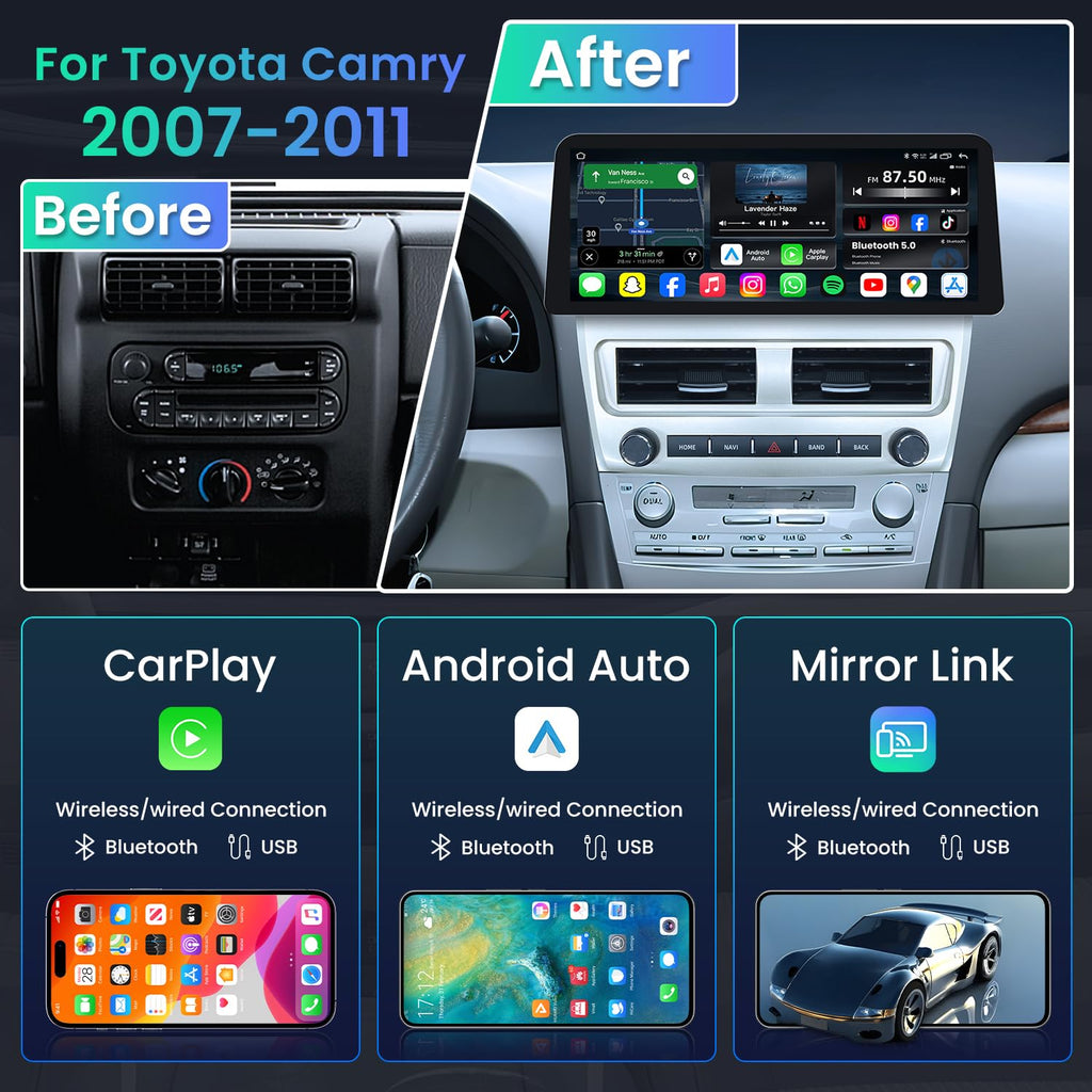 Car Radio for Toyota Camry 2007 2008 2009 2010 2011 Upgrade 12.3" 1280x800 Touch Screen Stereo, Android 13 Head Unit, Wireless Carplay, Android Auto, 5G WiFi GPS FM/EQ Bluetooth SWC Backup Camera