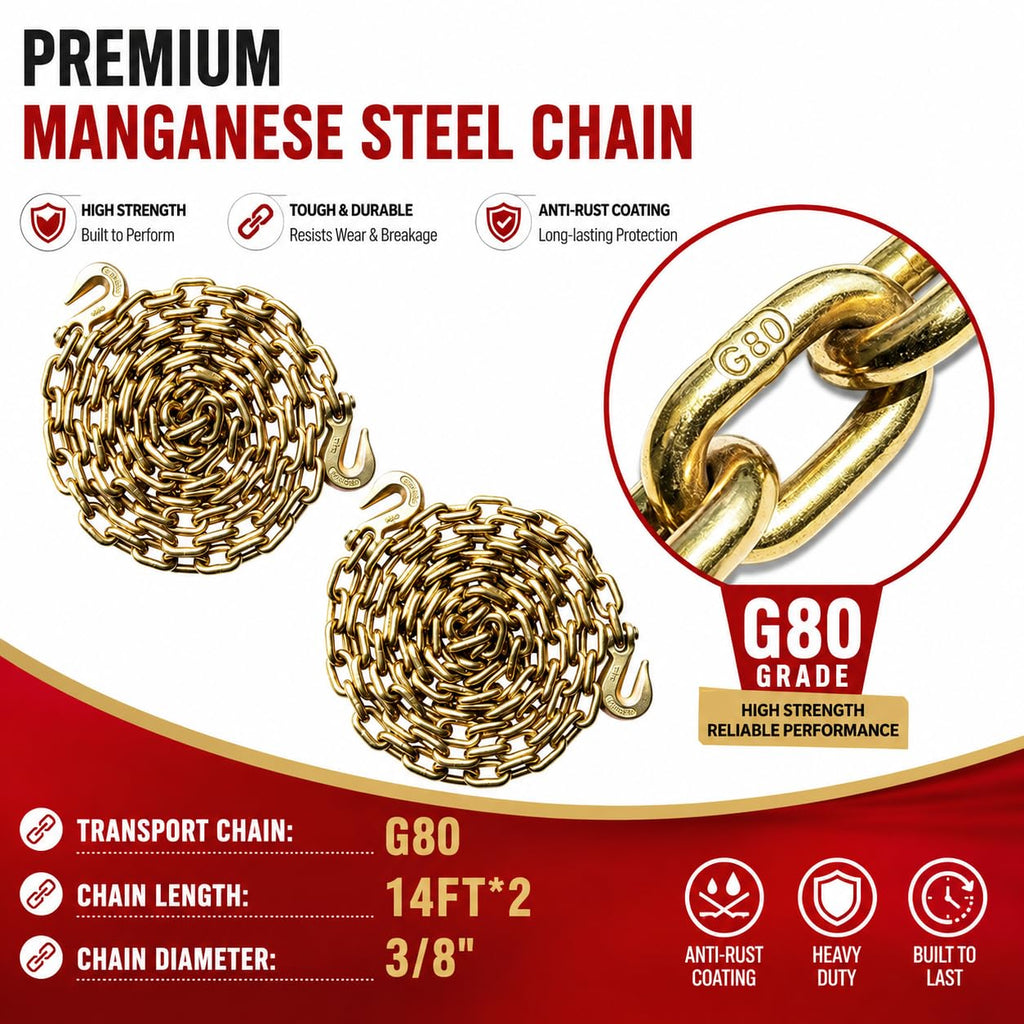 Ratchet Chain and Binder Kit 3/8" x 14FT, G80 Transport Chains and Binders for Trailer, Heavy Duty Load Binder with Grab Hooks for Flatbed Truck Trailer Cargo Securement, 8819 lbs WLL