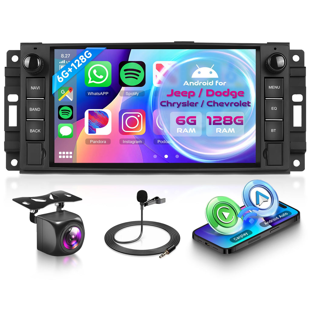 6G+128G Android Car Stereo for Dodge Ram 1500 2008-2012 Jeep Wrangler JK 2007-2018 with Wireless CarPlay Android Auto, Orderich 7 Inch Car Radio GPS Navigation WIFI SWC Bluetooth FM with Backup Camera