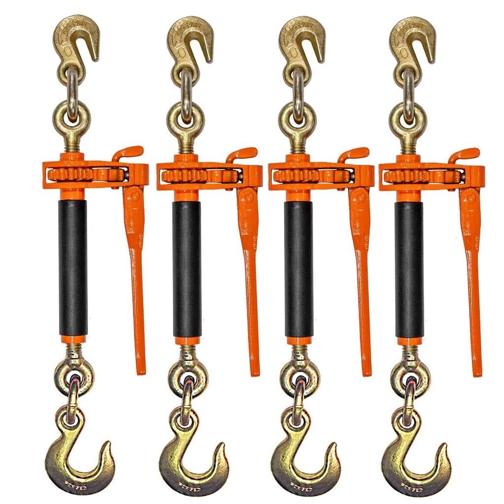 VULCAN Folding Handle Load Binder (Four Pack) with 2 Grab Hooks - Ratchet Style - 7100 Pound Safe Working Load (Works with 5/16 Inch or 3/8 Inch Grade 70 and Grade 80 Chain)
