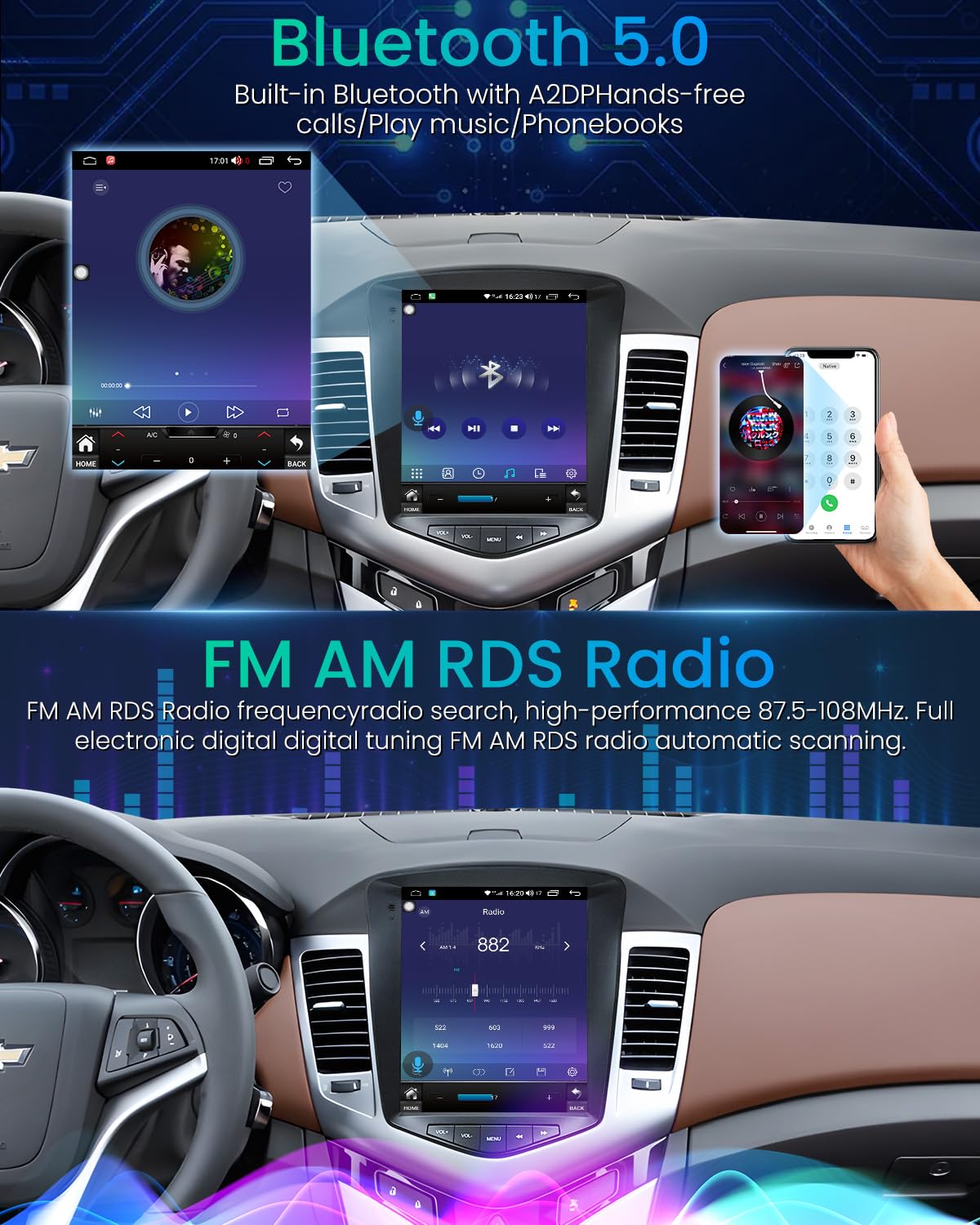 8Core+4GB RAM Andriod 13 Car Radio Stereo for Chevrolet Chevy Cruze 2009-2015: 10.4 Inch Tesla Style HD IPS Touchscreen Wireless Carplay Andriod Auto GPS Navi Bluetooth 5G WiFi Backup Camera FM SWC