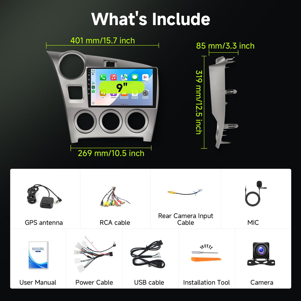 8Core 6GB+128GB Android 15 Radio for Toyota Matrix 2009-2014 Car Stereo with 9 Inch 1280x720 IPS Touchscreen,Wireless Carplay/Android Auto GPS DSP 46EQ 5.0Bluetooth WiFi FM/RDS SWC Camera