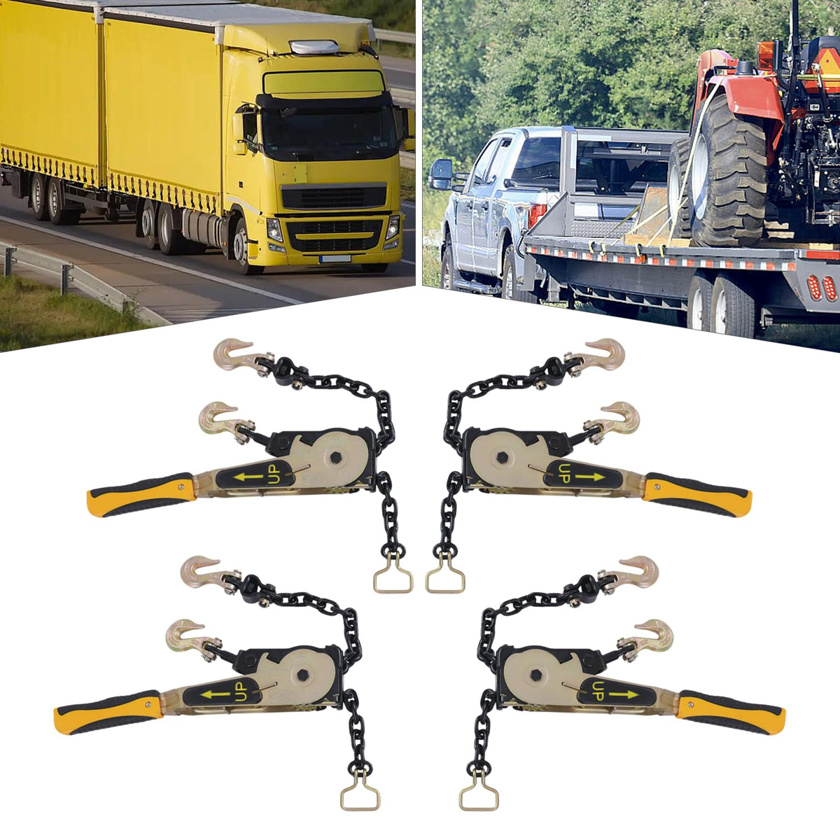 Ratchet Chain Load Binder W/ G70 Chain, Heavy Duty 6600lbs Alloy Steel 3/8"-1/2" Secure Tie Down for Trucks Trailers Hauling Equipment Flatbed Cargo (4)