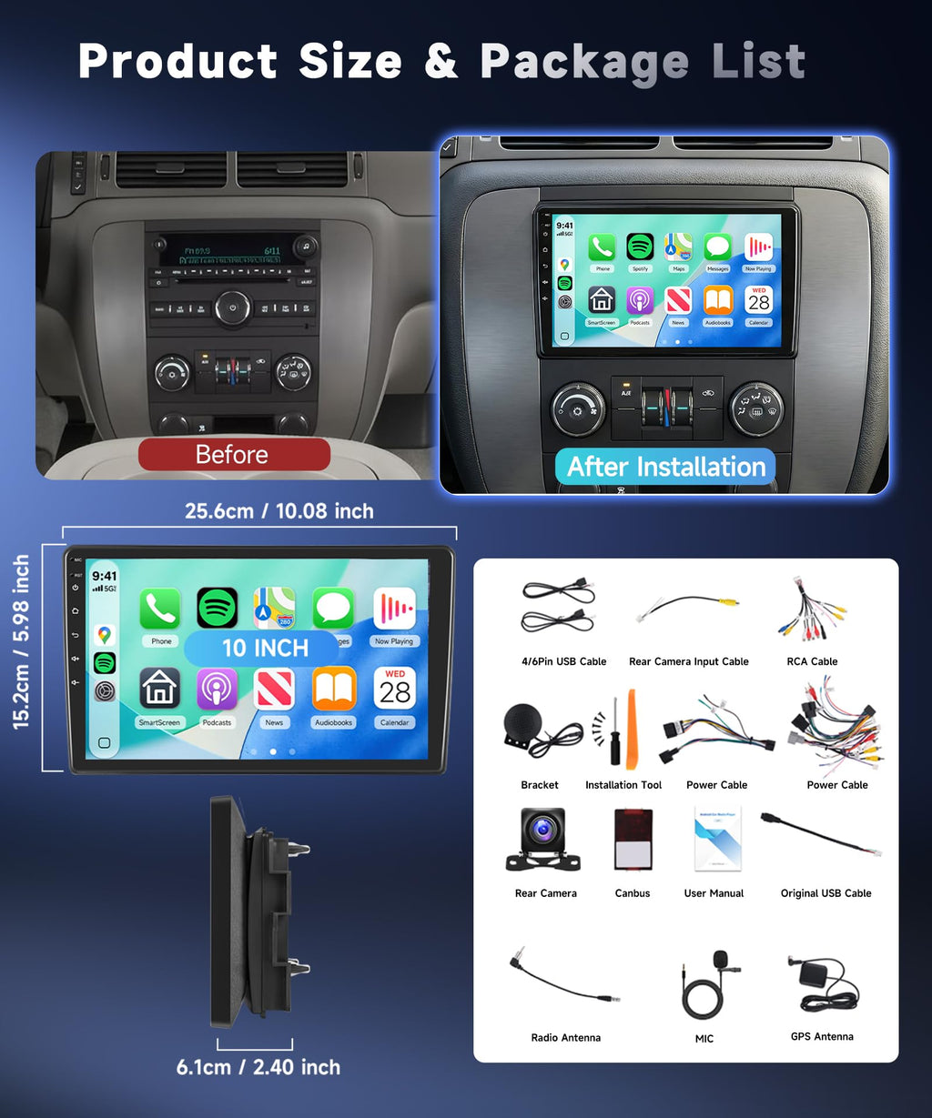 8 Core 6G+128G Android Car Stereo for Chevrolet Silverado/GMC Yukon 2007-2014 with Wireless Carplay Android Auto,10.1 Inch Touch Screen Car Radio