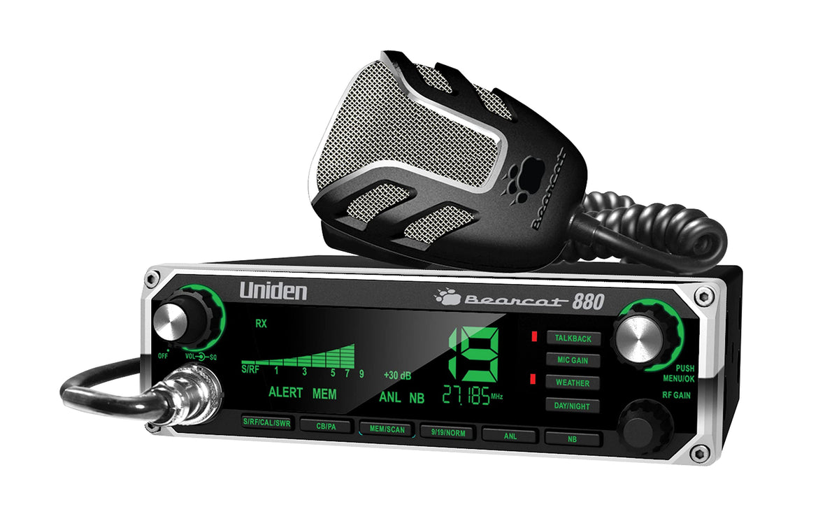 Uniden BEARCAT 880 CB Radio with 40 Channels and Large Easy-to-Read 7-Color LCD Display with Backlighting, Backlit Control Knobs/Buttons, NOAA Weather Alert, PA/CB Switch, and Wireless Mic Compatible