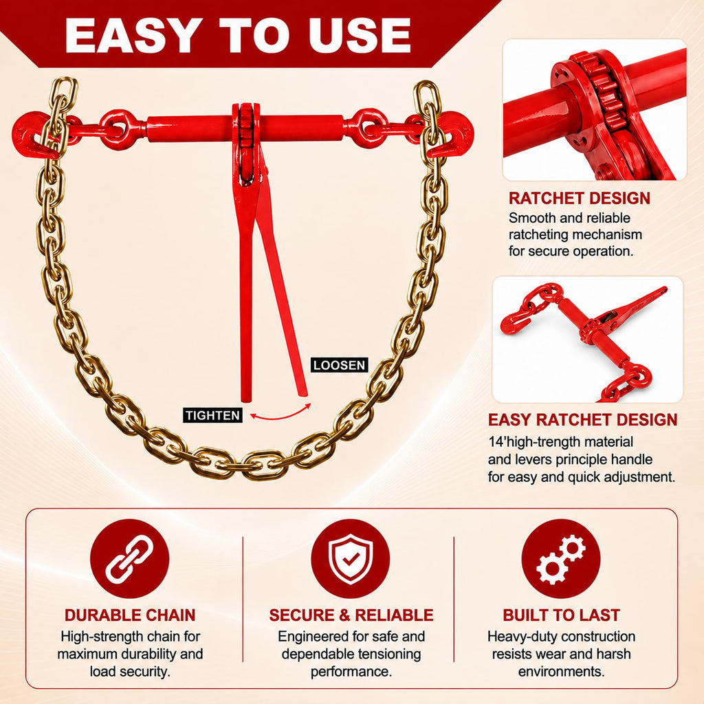 AAIN Chain and Binder Kit 3/8 in-1/2 in, 4 Pack Ratchet Binders and Chains