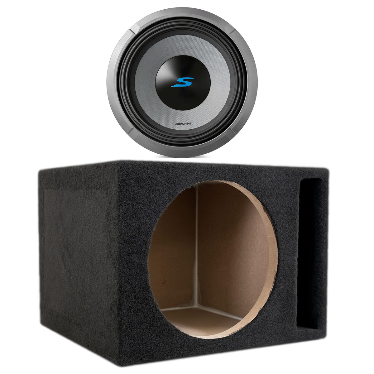 Alpine S2-W12D4 S Series 12 Dual 4-Ohm Subwoofer 1800W with SoundBox E Series Single 12-Inch Vented Subwoofer Enclosure Bundle