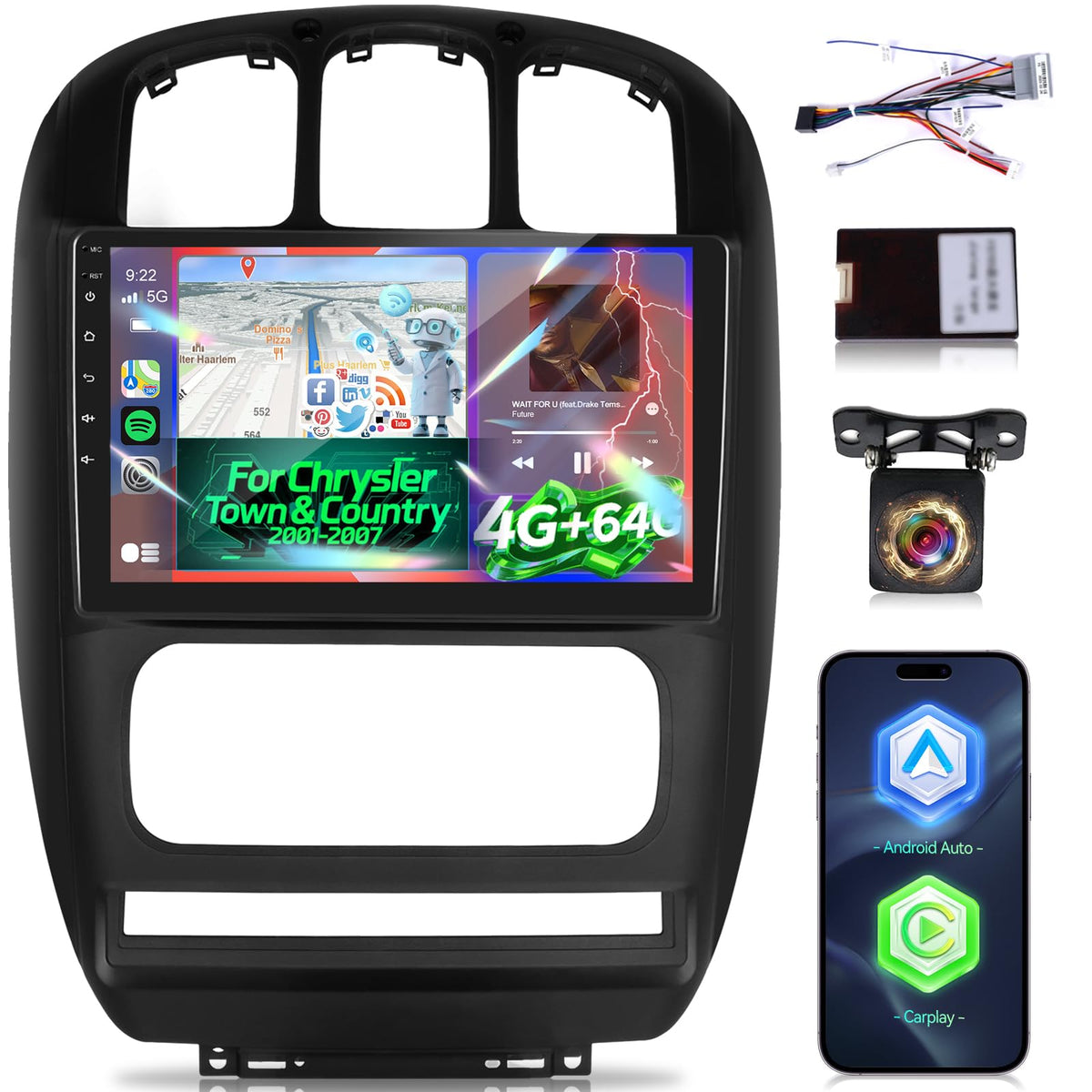 [4+64G] Upgrade Radio for Chrysler Town & Country 2001-2007: NHOPEEW 10.1 inch IPS Touchscreen Android Radio - Wireless Carplay and Android Auto, Custom Homepage, DSP/EQ, 5G/WiFi + Backup Camera