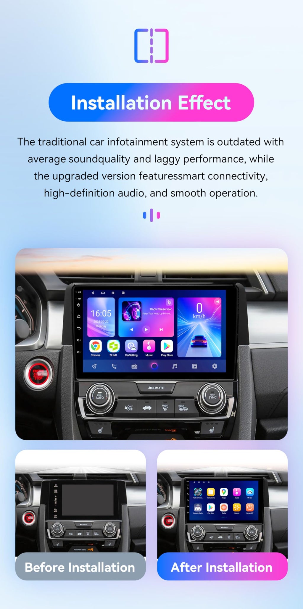 Android 14 Car Stereo Upgrade for Honda Civic 10th (2016-2021), 8Core 4G+64G GPS Navigation via Carplay Android Auto with 9inch QLED Touchscreen SWC EQ Bluetooth 5.4 TPMS OBD2