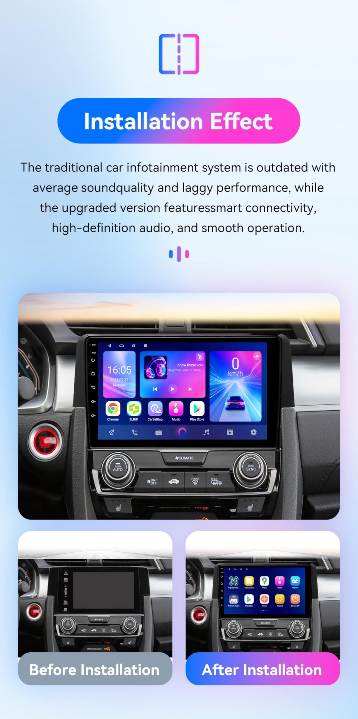 Android 14 Car Stereo Upgrade for Honda Civic 10th (2016-2021), 8Core 4G+64G GPS Navigation via Carplay Android Auto with 9inch QLED Touchscreen SWC EQ Bluetooth 5.4 TPMS OBD2