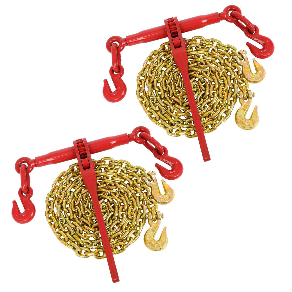 3/8" to 1/2" Ratchet Chain Binder with G80 5400 lbs Safe Working Load 3/8" X 10FT Binder Chain，with Grappling G70 Hook, Tie Down Hauling Chain Binders for Flatbed Truck Trailer