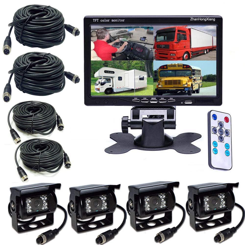 HD 1080P Backup Camera 7" Monitor,4X 4 Pin AHD Car Reverse Rear View Mirror Wired Camera Kit + 7 inch IPS 4-Split Monitor for Bus Truck Trailer RV Heavy Duty A701