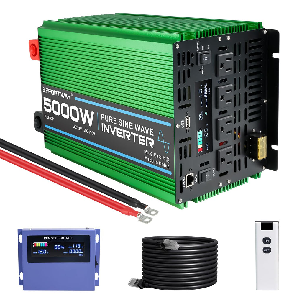 4000W Pure Sine Wave Power Inverter, 12V DC to 110V/120V Inverter with 4 AC Outlets, USB Port, Hardwire Port, Remote Controller, Car Converter for RV, Truck, Boat, Camping, Off-Grid