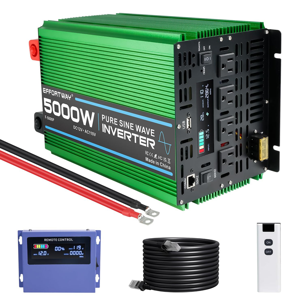 4000W Pure Sine Wave Power Inverter, 12V DC to 110V/120V Inverter with 4 AC Outlets, USB Port, Hardwire Port, Remote Controller, Car Converter for RV, Truck, Boat, Camping, Off-Grid