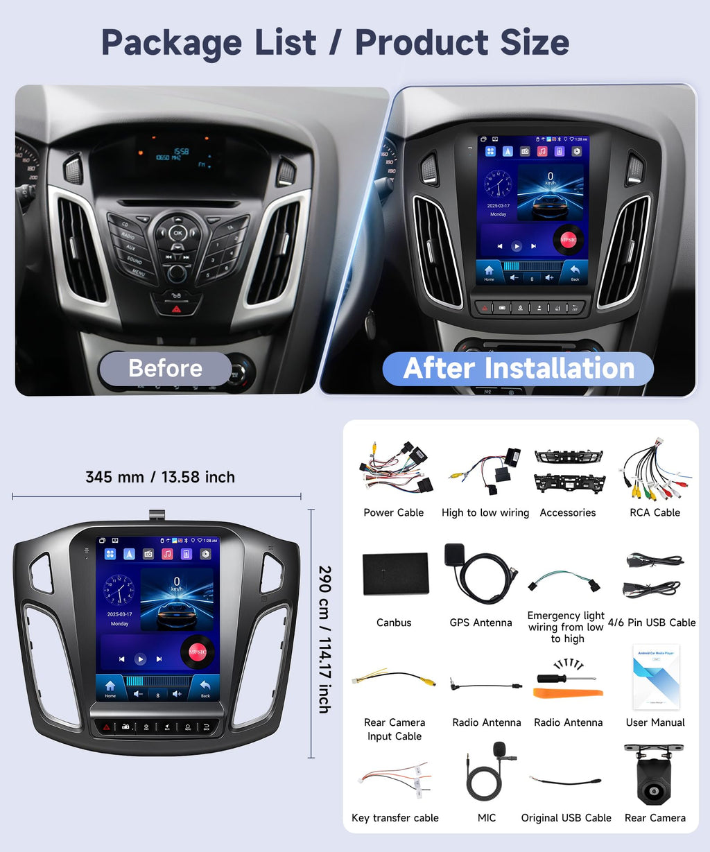 4G+64G Car Radio for Ford Focus 2012-2018 with Wireless CarPlay Android Auto, 9.7 Inch Touchscreen Android Car Stereo with GPS WiFi Mirror Link SWC Bluetooth FM RDS 32EQ Backup Camera