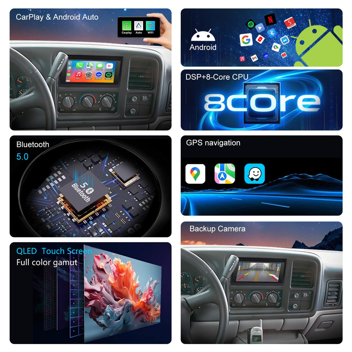 QLED Radio for Chevy GMC Buick Cadillac 1995 1996 1997 1998 1999 2000 2001 2002,8 core Touch Screen Stereo Upgrade,Wireless carplay & Android Auto,Free Backup Camera