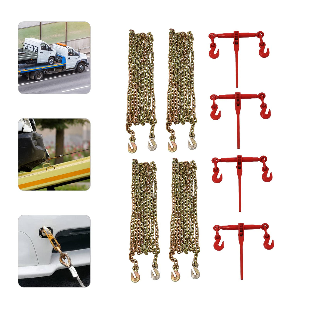 4 Pack Ratchet Load Binder and Chain Kit, 5/16"-3/8" Grade 70 Binding Kit with 20FT Chains 5400 lbs Capacity, Heavy Duty Tie Down Kit for Truck Flatbed Trailer Hauling Transport