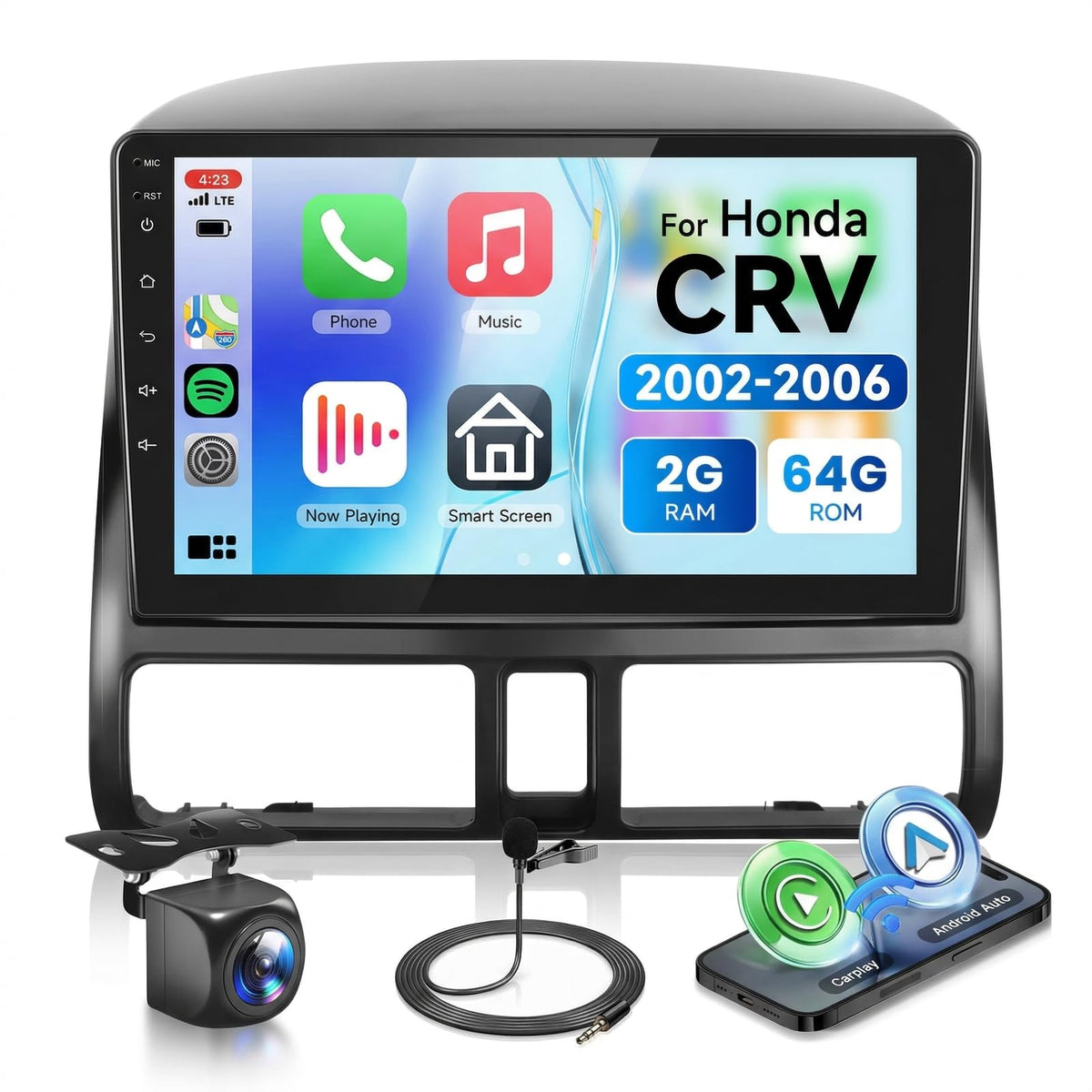 8 CORE 6G+128G Car Radio Stereo for Honda CRV 2002-2006 with Wireless CarPlay Android Auto, 9 Inch 1280 * 720P IPS Touch Screen Head Unit Android 13 GPS WiFi Bluetooth 32-Band DSP SWC HD Camera