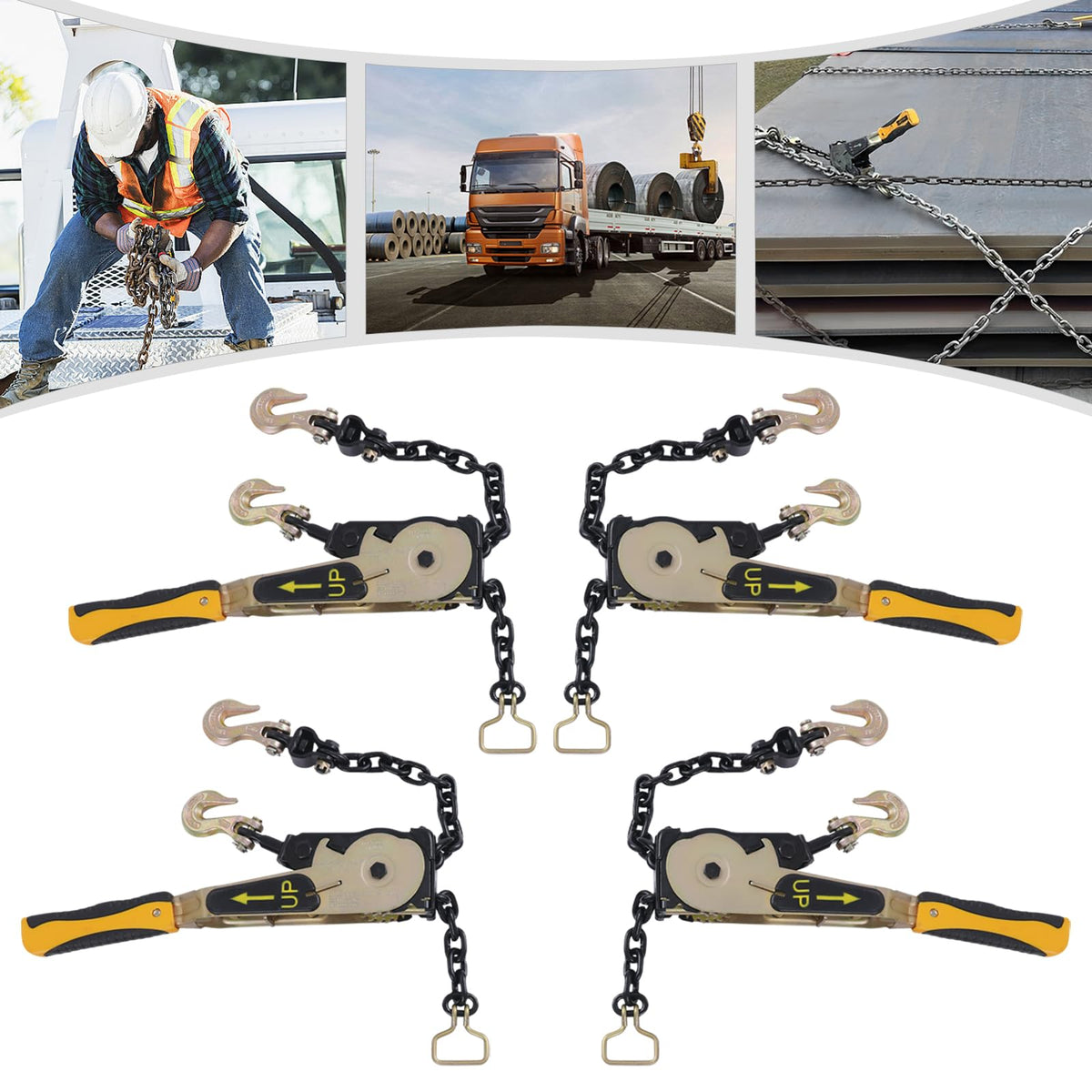 4 Pack EZ Ratchet Chain Binder 3/8-1/2in 6600lbs Yellow