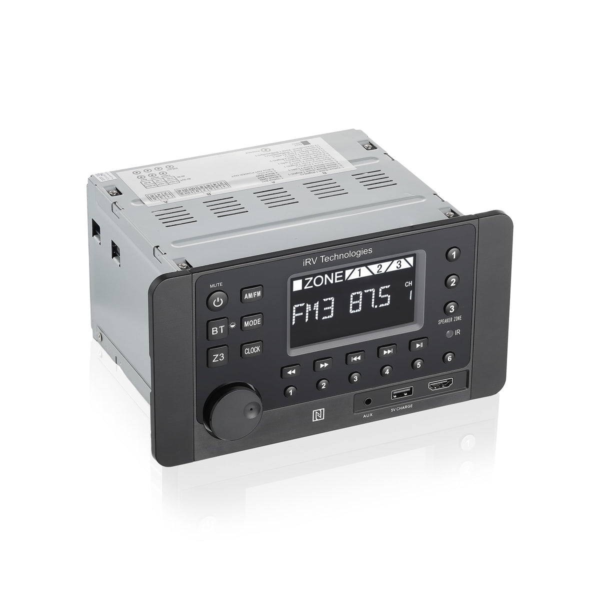 iRVHP2 Mechless Wallmount RV Stereo 2 Zones with Bluetooth HDMI ARC, App Control, AM/FM/App, NFC, USB Charging, Digital Surround Sound, Clock, CEC Support (2 Zones + 4 Speakers)