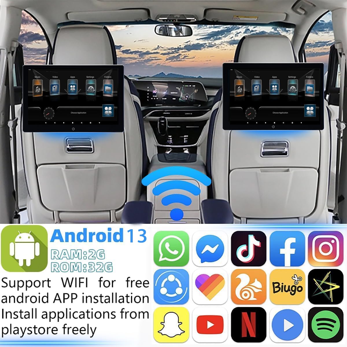 4K Android 13 Portable Car TV Headrest Monitor Back Seat 10.1 Inch Touch Screen Tablet Portable Multi-Media Video Player,Support Phone Wireless Mirror Link,WiFi HDMI/USB/SD Card &2G+32GB 2PCS
