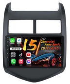 8Core 64ROM Android 15 Car Radio for Chevy Aveo Sonic 2012-2016: 9 Inch QLED FHD Touchscreen with Wireless Carplay Android Auto, 5G WiFi Bluetooth SWC GPS Navigation FM/AM DSP 1080P Backup Camera