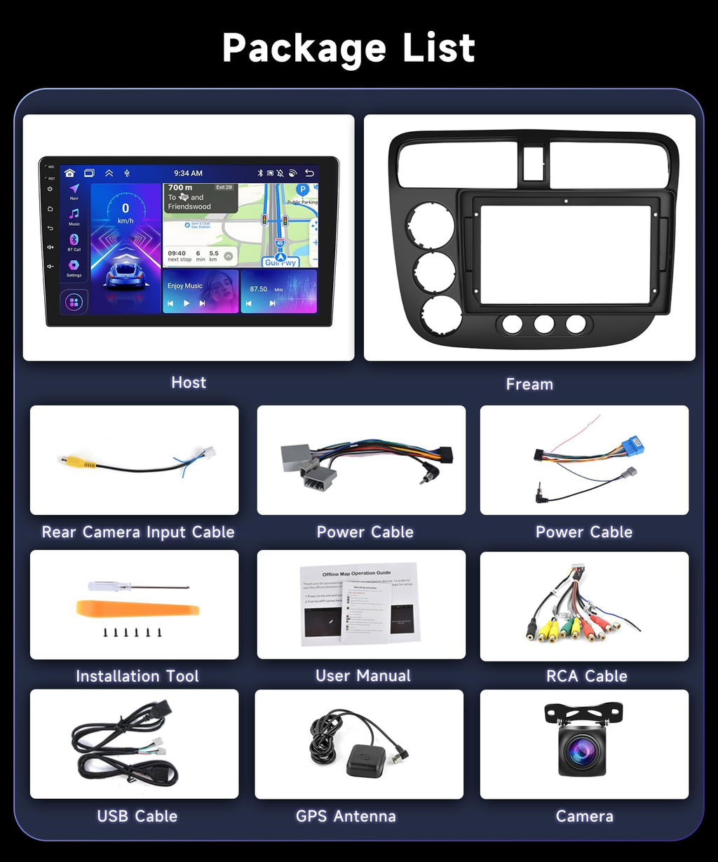 8Core 6G 128G Car Radio for Honda Civic 2001-2005 with Wireless Carplay