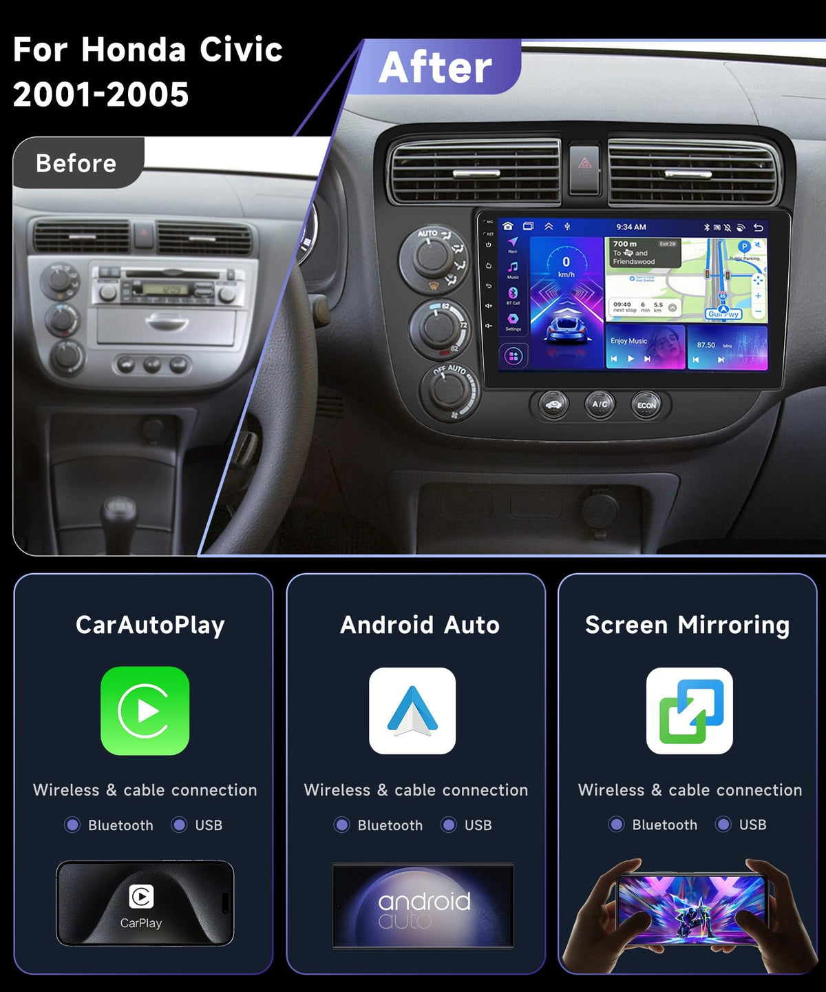8Core 6G 128G Car Radio for Honda Civic 2001-2005 with Wireless Carplay