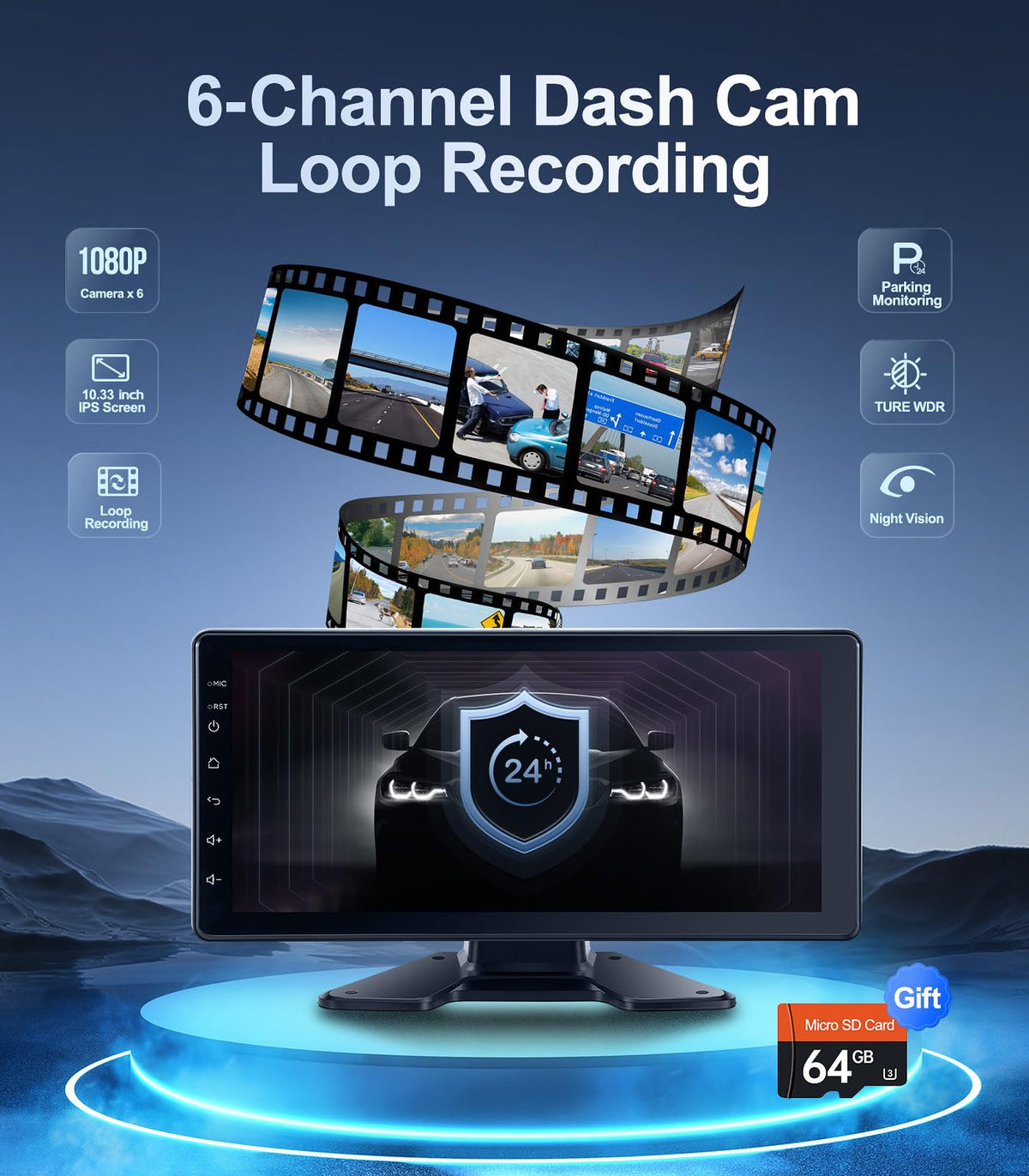 6-Channel 1080P Backup Camera System Dash Cam for Truck/RV/Trailer/Bus