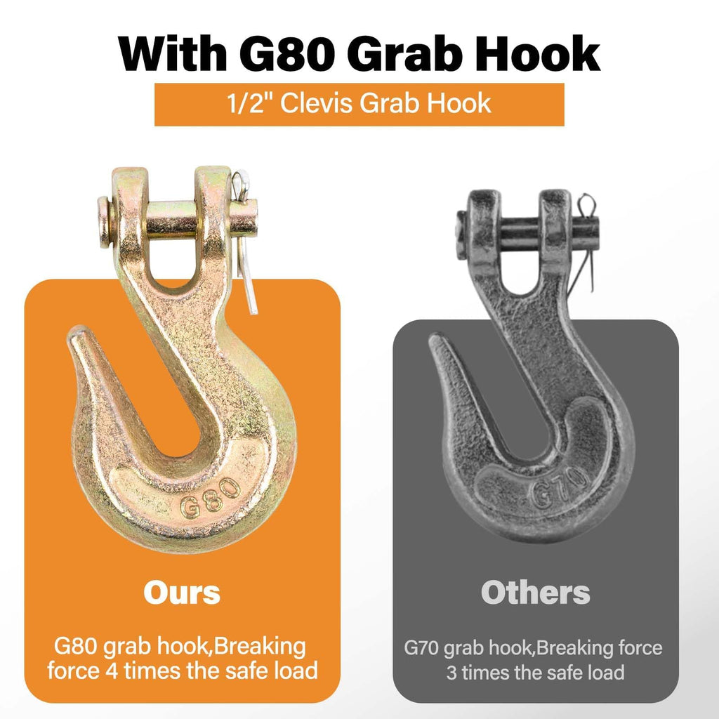 G80 Chain, 1/2" x 20' Safety Chain w/Grade 80 Clevis Grab Hooks